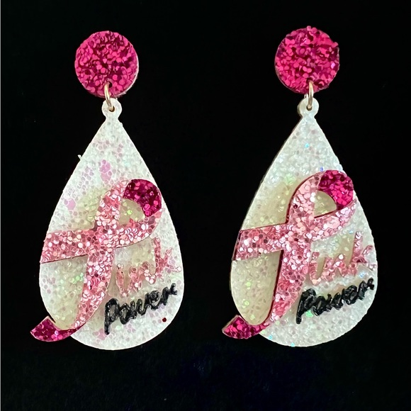 NEW Glitter Breast Cancer Awareness 'Pink Power' PU Leather Teardrop Earrings - Picture 2 of 2
